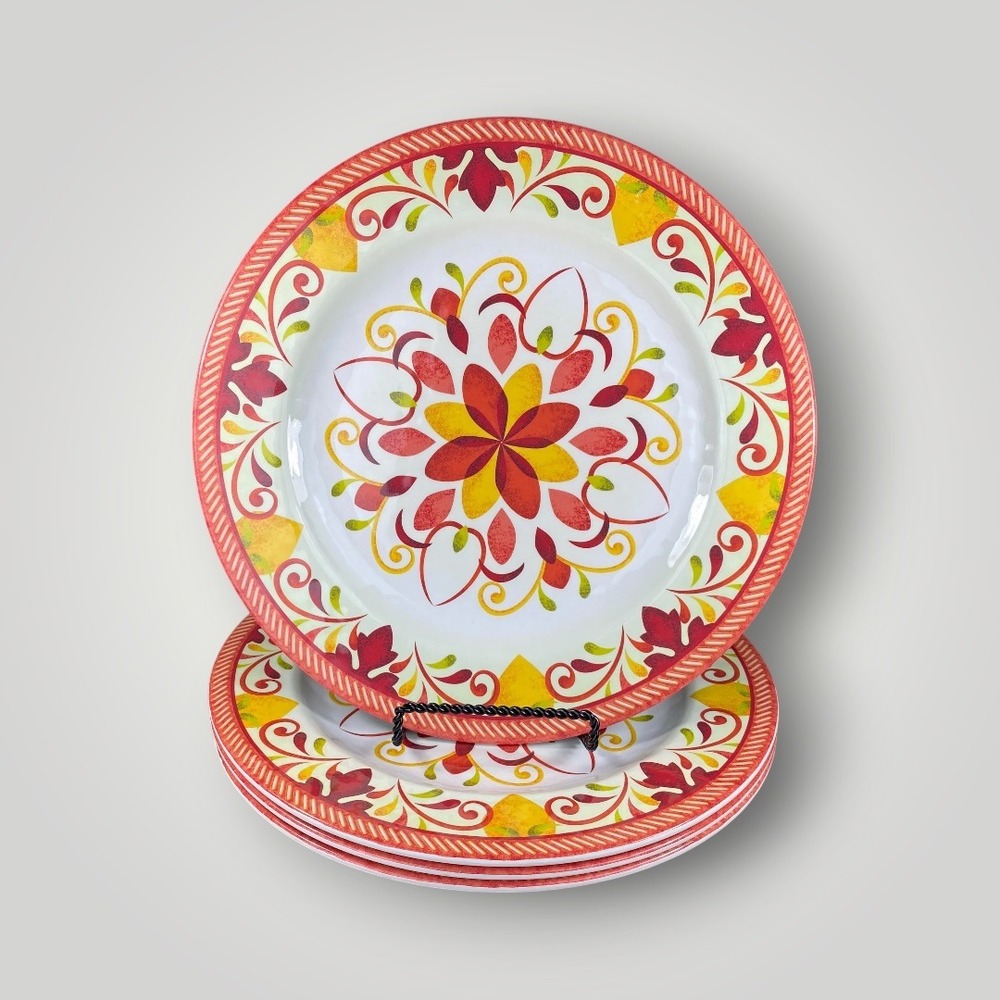 Bon Ton Melamine 11" Dinner Plates Set 4 Boho Medallion Red Yellow Green 2010s